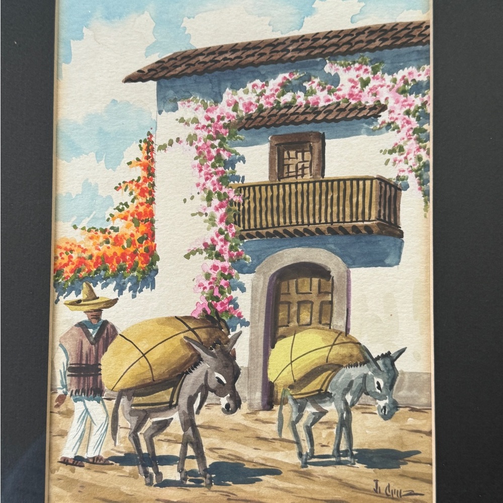 Vintage Framed Watercolor Mexican Villager with Donkeys by J. Cruz - Picture 2 of 7